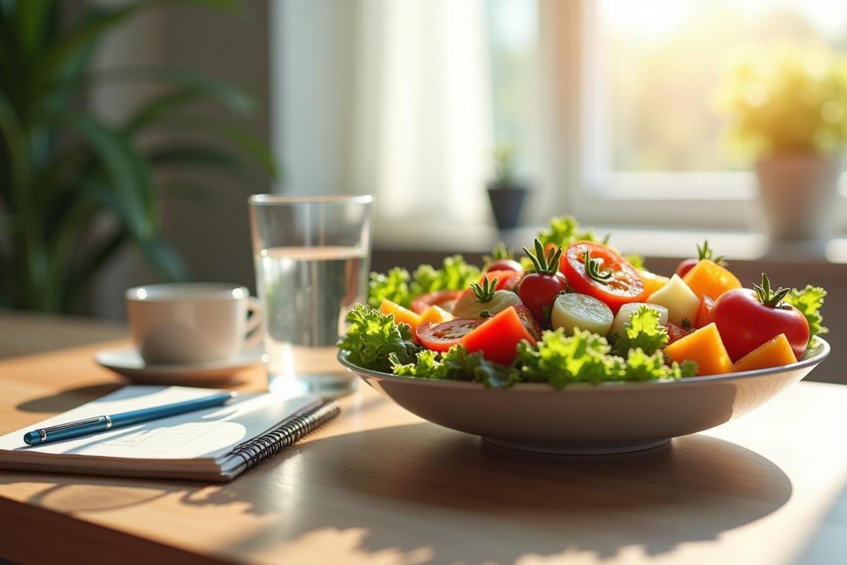 Salade colorée avec eau et carnet sur table lumineuse