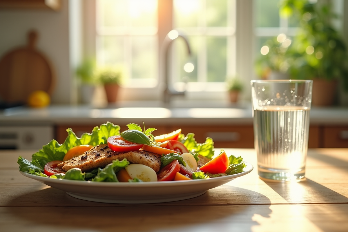 Salade saine avec légumes et poulet grillé sur une table lumineuse