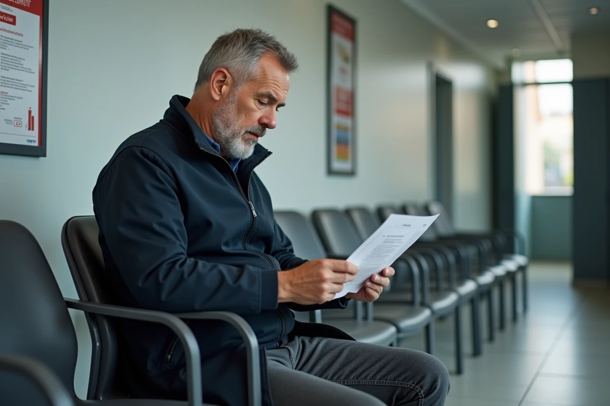 Homme consultant un formulaire en salle d'attente de la CPAM à Nanterre avant son rendez-vous