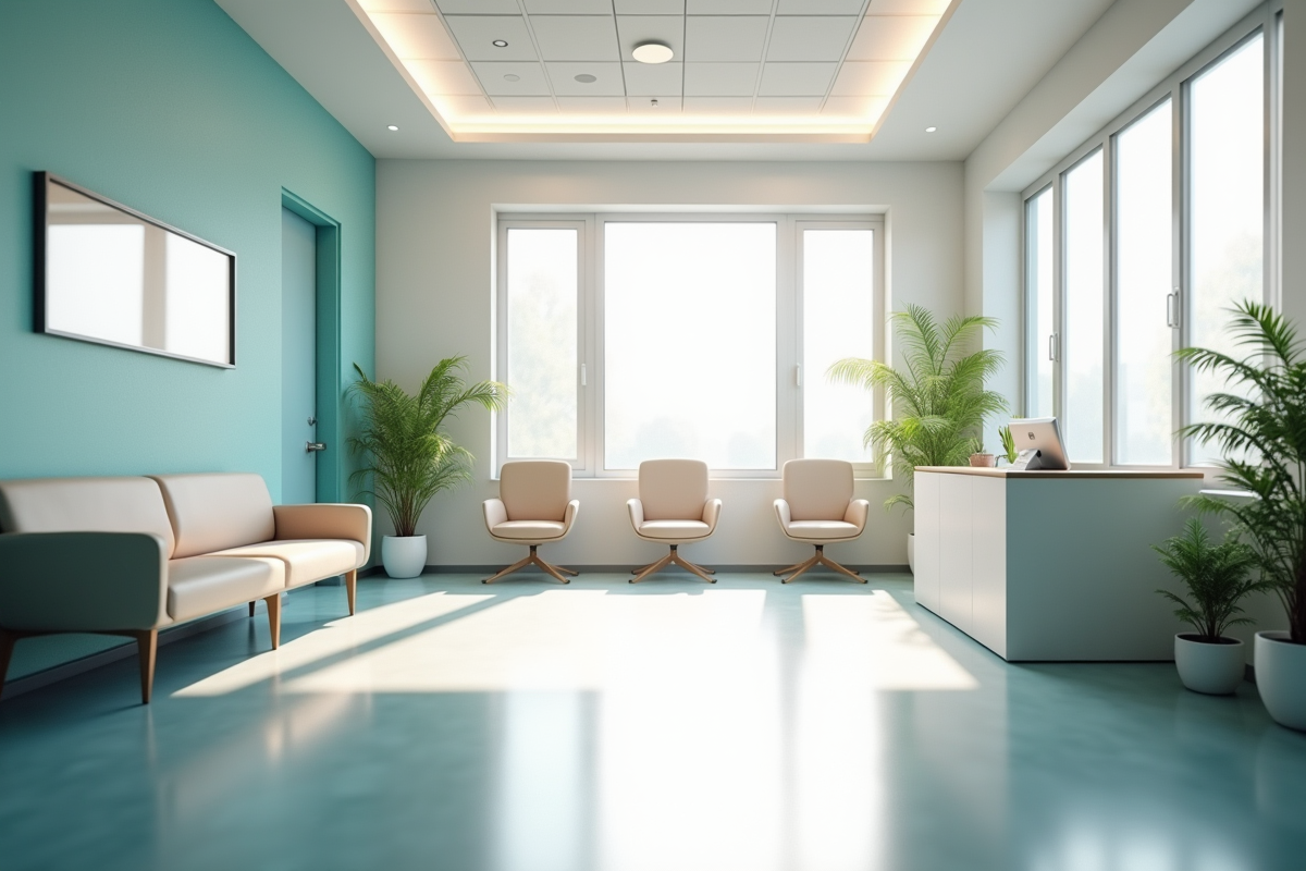 Salle d'attente médicale vide avec chaises et plantes