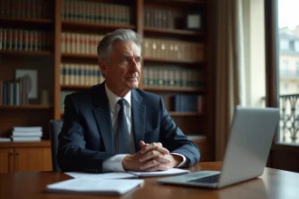Homme en costume sombre assis à une table de conférence avec des documents juridiques, illustrant les enjeux légaux et éthiques autour de la santé d'une personnalité publique