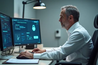 Professionnel de santé configurant les paramètres de sécurité d'un logiciel de gestion des données patients sur un ordinateur de bureau en milieu hospitalier