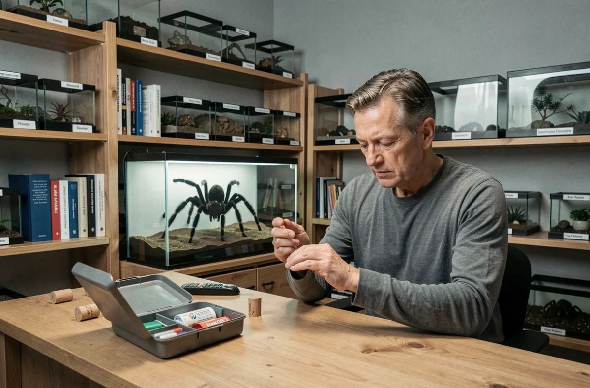 Passionné d'arachnologie examinant sa main après un protocole de sécurité face à une mygale en terrarium dans son atelier