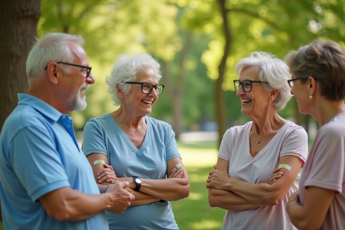 Seniors discutant dans un parc ensoleille apres vaccination