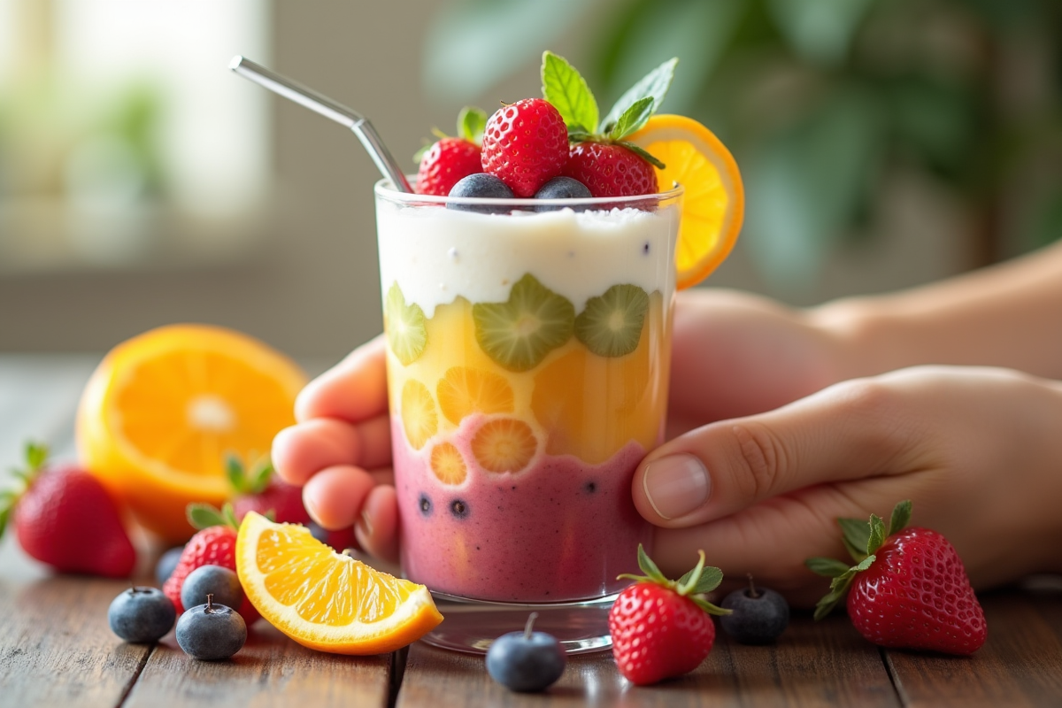 Gros plan sur un smoothie coloré aux fruits et yaourt dans un verre