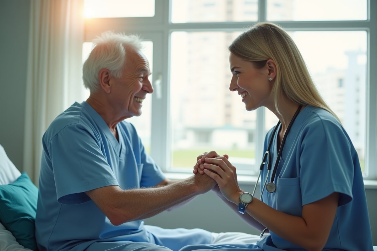 Infirmière aidante tenant la main d'une personne âgée dans une salle lumineuse