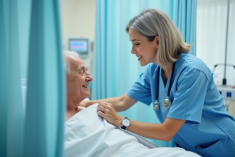 Infirmière en hôpital ajustant la couverture d'un patient