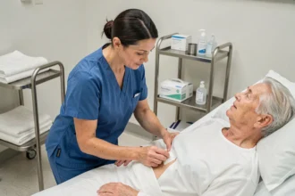 Infirmière en blouse bleue appliquant un pansement stérile sur la zone lombaire d'un patient âgé allongé dans un lit d'hôpital, soins d'escarre post-opératoires
