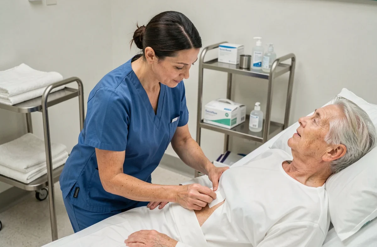 Infirmière en blouse bleue appliquant un pansement stérile sur la zone lombaire d'un patient âgé allongé dans un lit d'hôpital, soins d'escarre post-opératoires