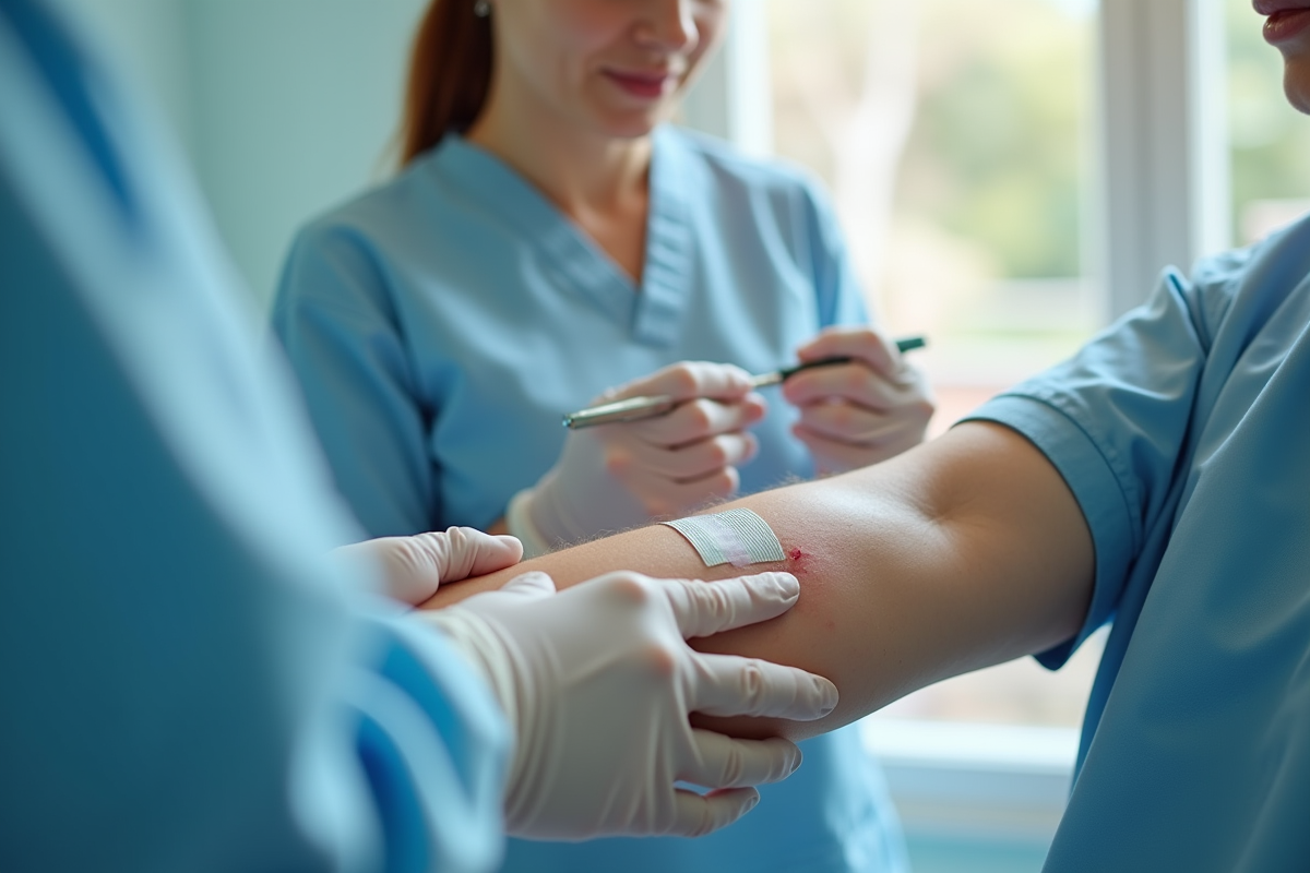 Infirmiere appliquant une bande adhésive sur une incision guérie