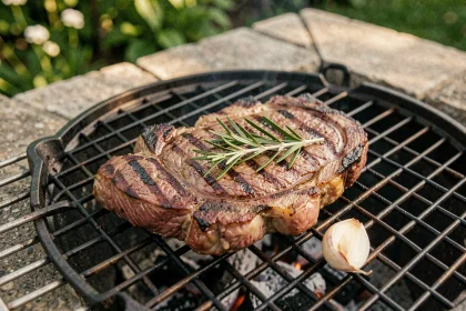 Steak de bœuf maigre grillé aux marques de cuisson sur barbecue en plein air, garni de romarin frais et d'ail