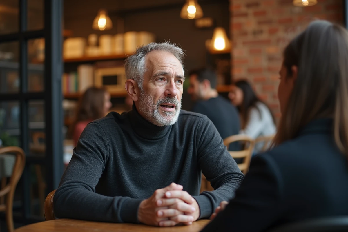 Homme en difficulté de communication dans un café symptôme du chakra gorge bloqué