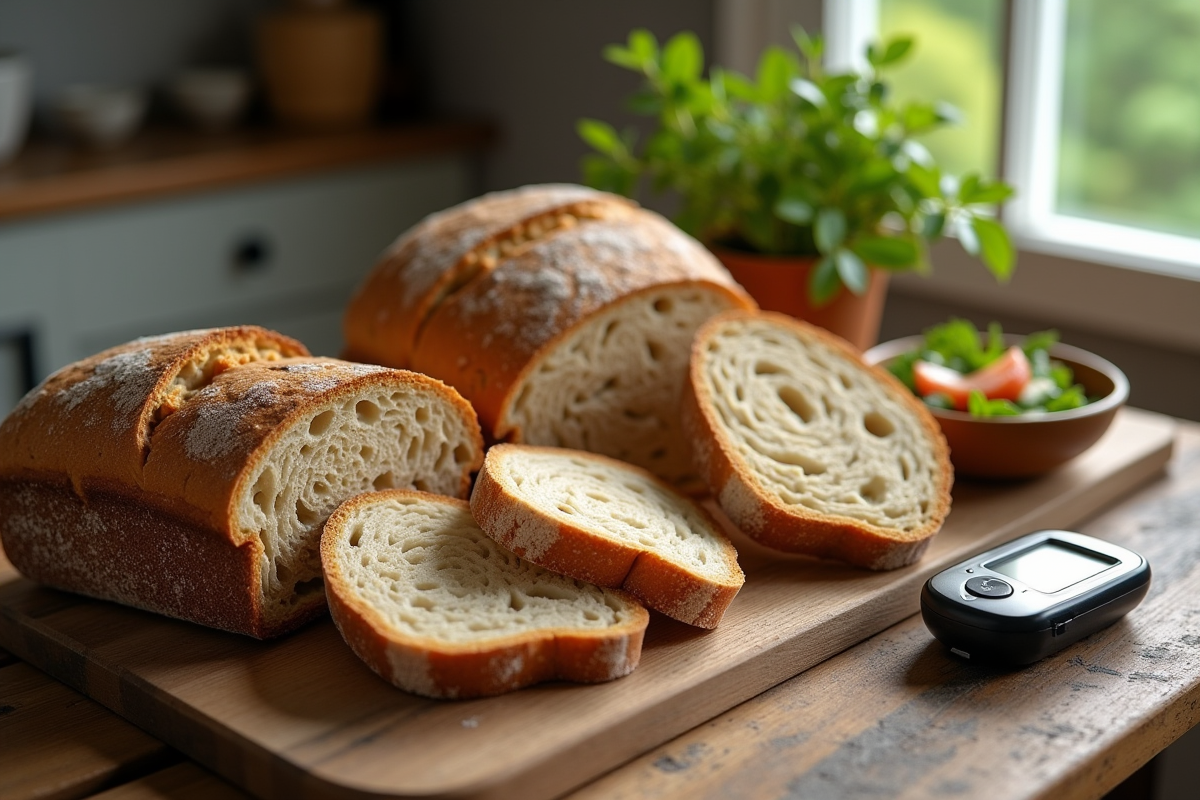 Table rustique avec pains complets et salade naturelle