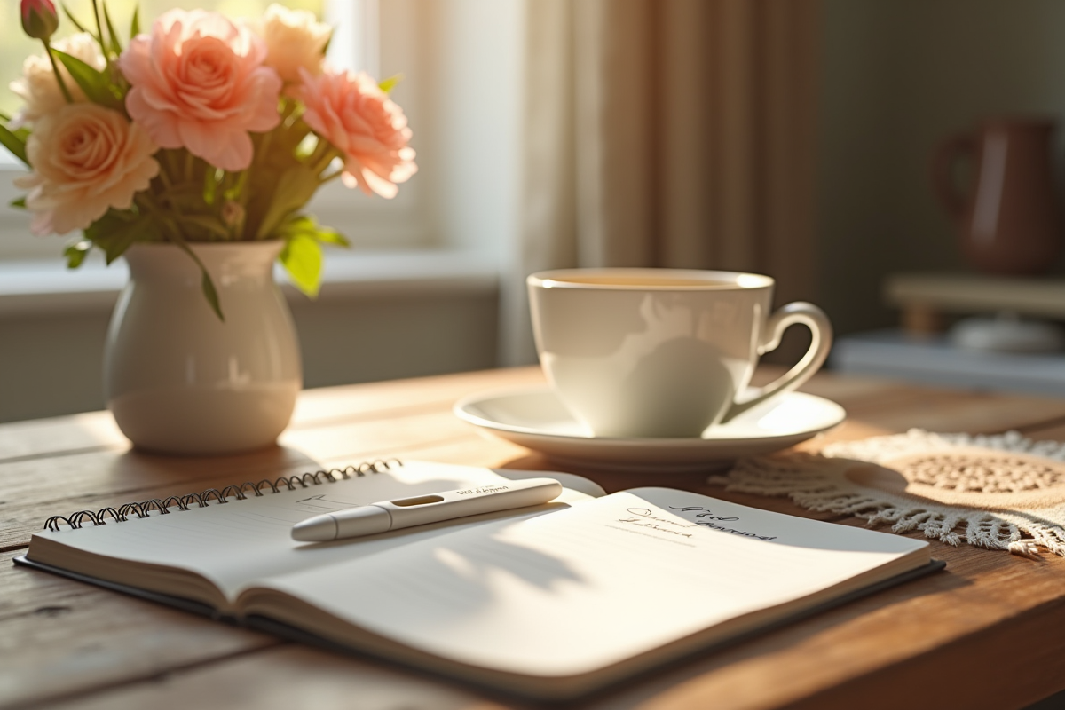 Tasse de thé et carnet avec mots d encouragement sur une table ensoleillee