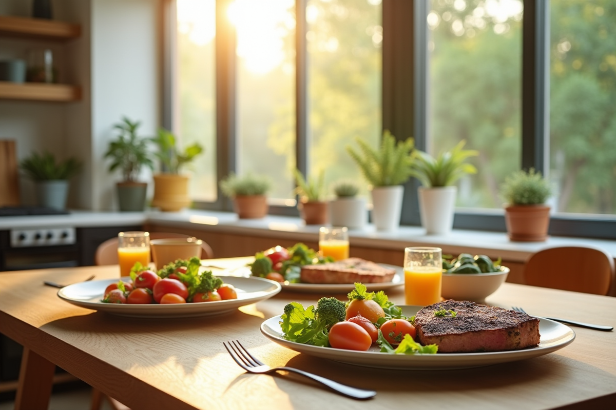 Table moderne avec plats végétaux et viande de laboratoire en 2030