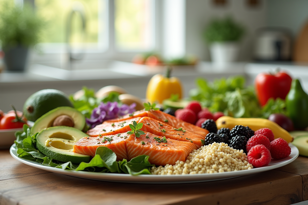 Table colorée avec aliments sains et frais lumineux