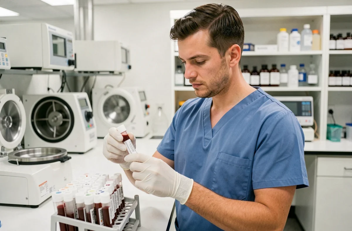 Technicien de laboratoire manipulant des tubes d'analyse de sang pour un hémogramme complet incluant le TCMH