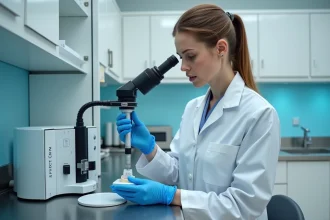 Technicienne dentaire inspectant une couronne imprimée en 3D avec une imprimante SprintRay dans un laboratoire dentaire moderne