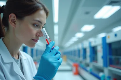 Technicienne de laboratoire examinant un tube de sang dans un laboratoire d'hématologie clinique moderne