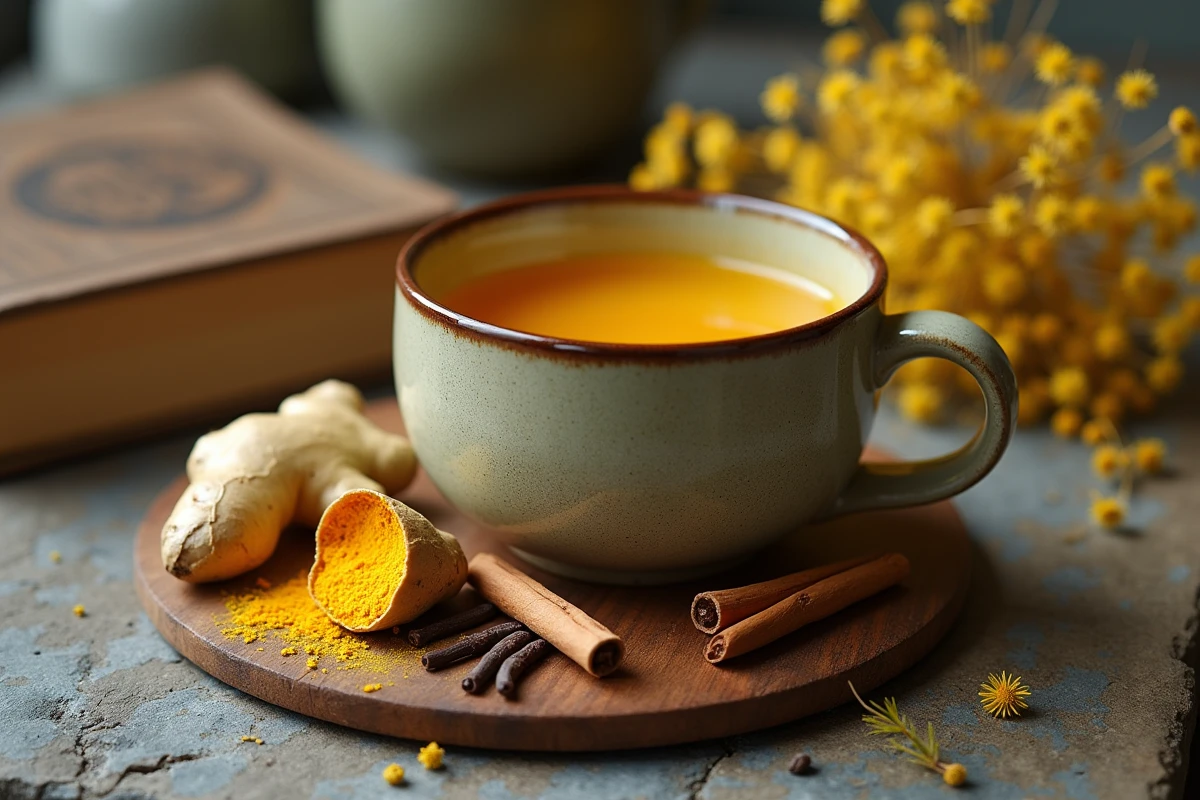 Tisane au curcuma et gingembre dans une tasse en céramique, remède naturel contre les ballonnements et l'intestin irritable