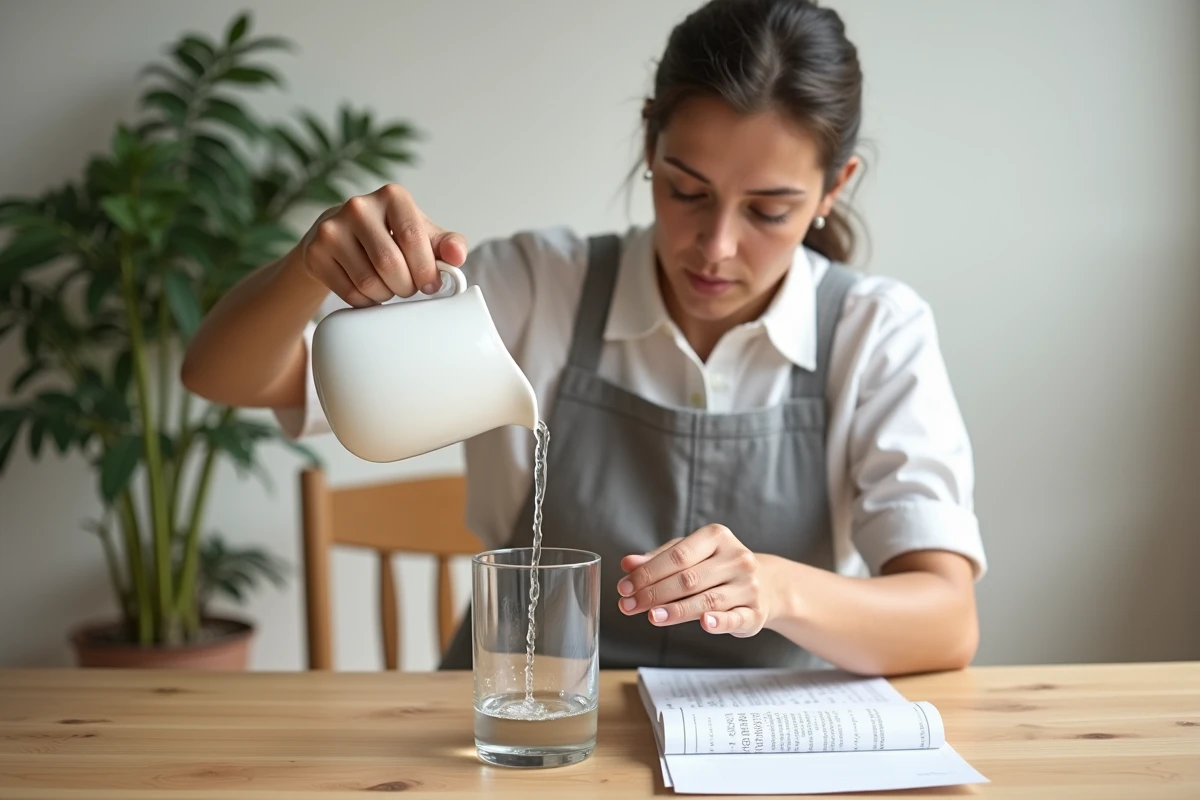 Personne versant de l'eau filtrée par une perle de céramique dans un verre, avec un document de comparaison scientifique posé sur une table en bois