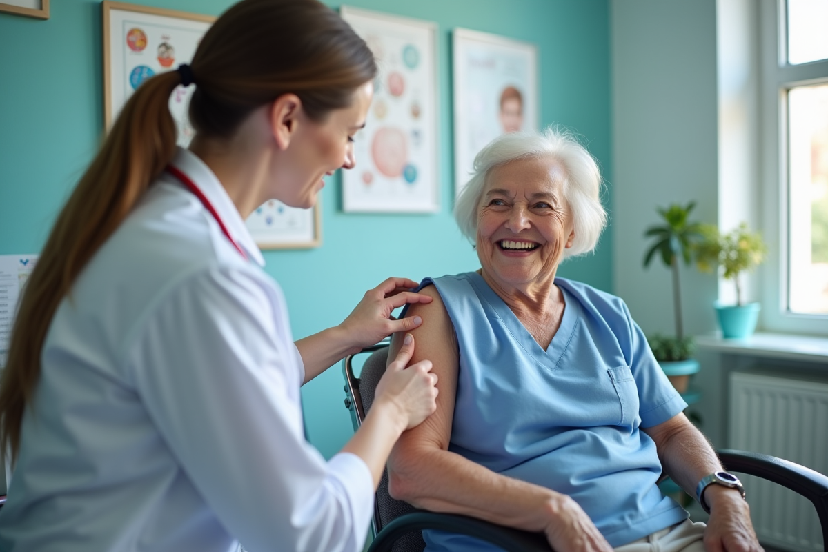 Femme agee souriante recevant un vaccin dans un cabinet medical