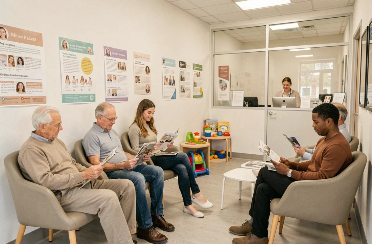 Salle d'attente familiale et accessible d'un cabinet dentaire tous publics à Bastia