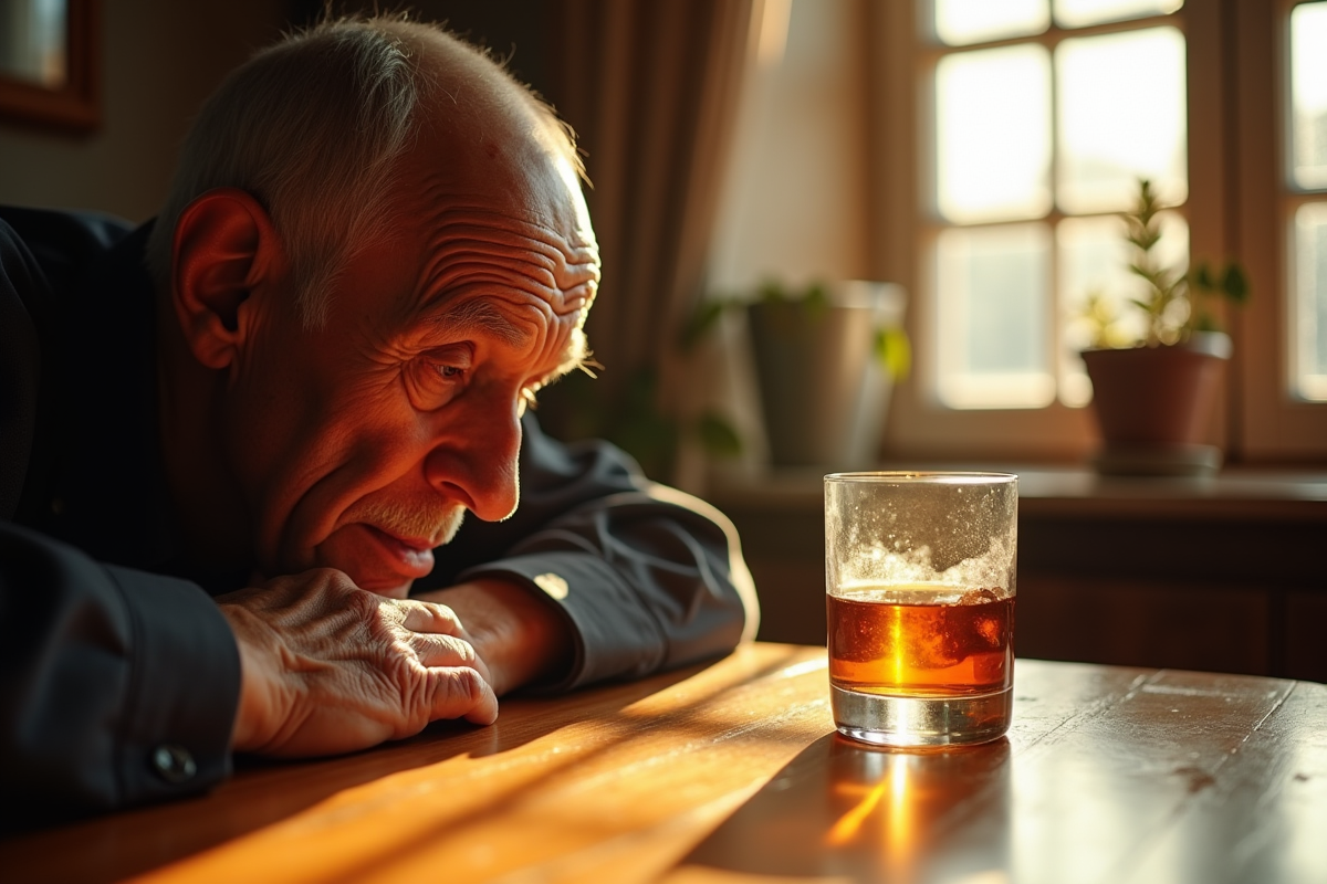 Visage d'un homme âgé avec un whisky sur une table en bois clair